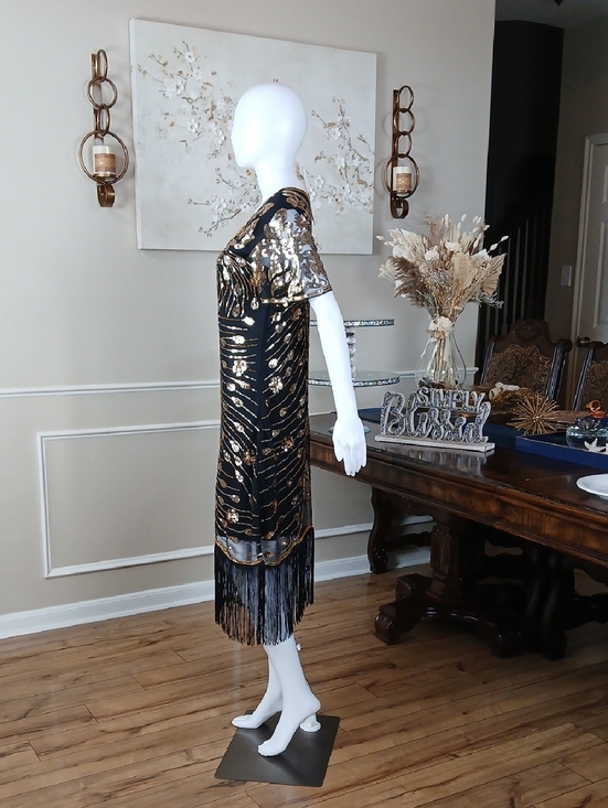 Black & Gold Art Deco Floral Cocktail Fringe V-Neck Beaded Dress New Large - Picture 11 of 16